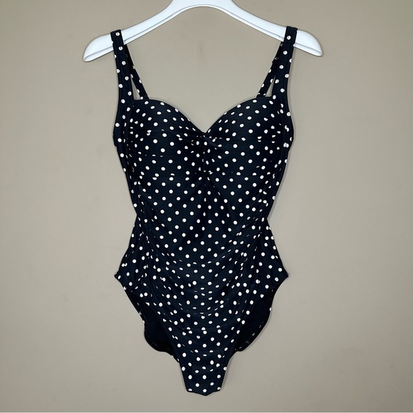 Slimming Black One Piece Swimsuit US sz 10 Barbiecore Pinup Bond-eye Ruching - Picture 1 of 10